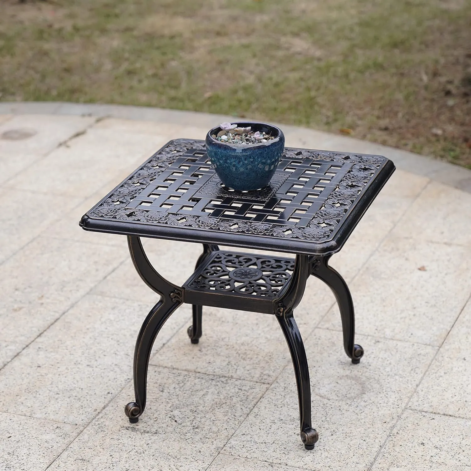 Mandolin Outdoor Patio,Rust -Resistant Cast Aluminum Side Table,Weather Resistant End Table，Coffee Table， Perfect for Patio, Backyard Or Garden. W 20.8" X H18.5(Aluminum Square, Copper)