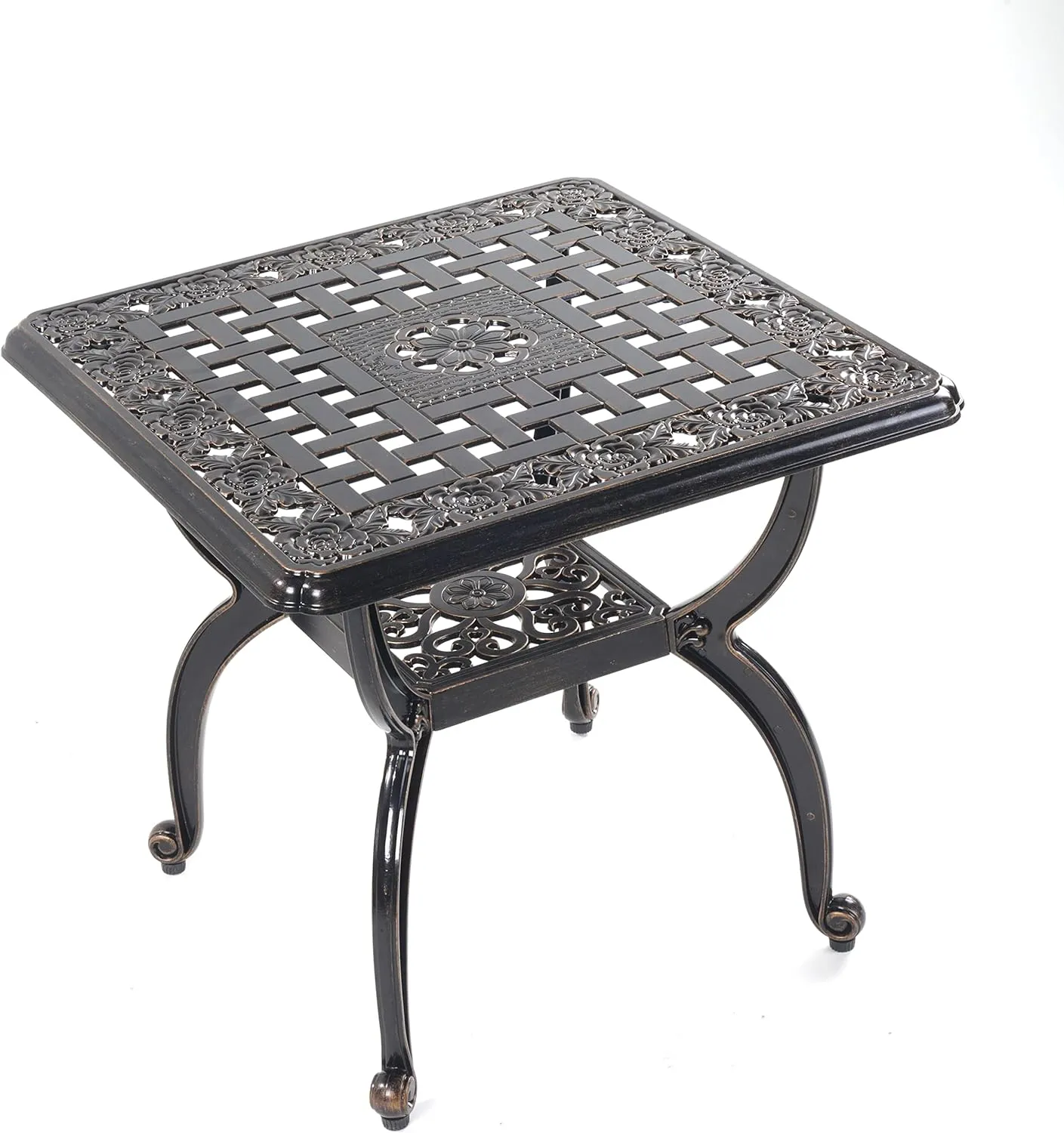 Mandolin Outdoor Patio,Rust -Resistant Cast Aluminum Side Table,Weather Resistant End Table，Coffee Table， Perfect for Patio, Backyard Or Garden. W 20.8" X H18.5(Aluminum Square, Copper)