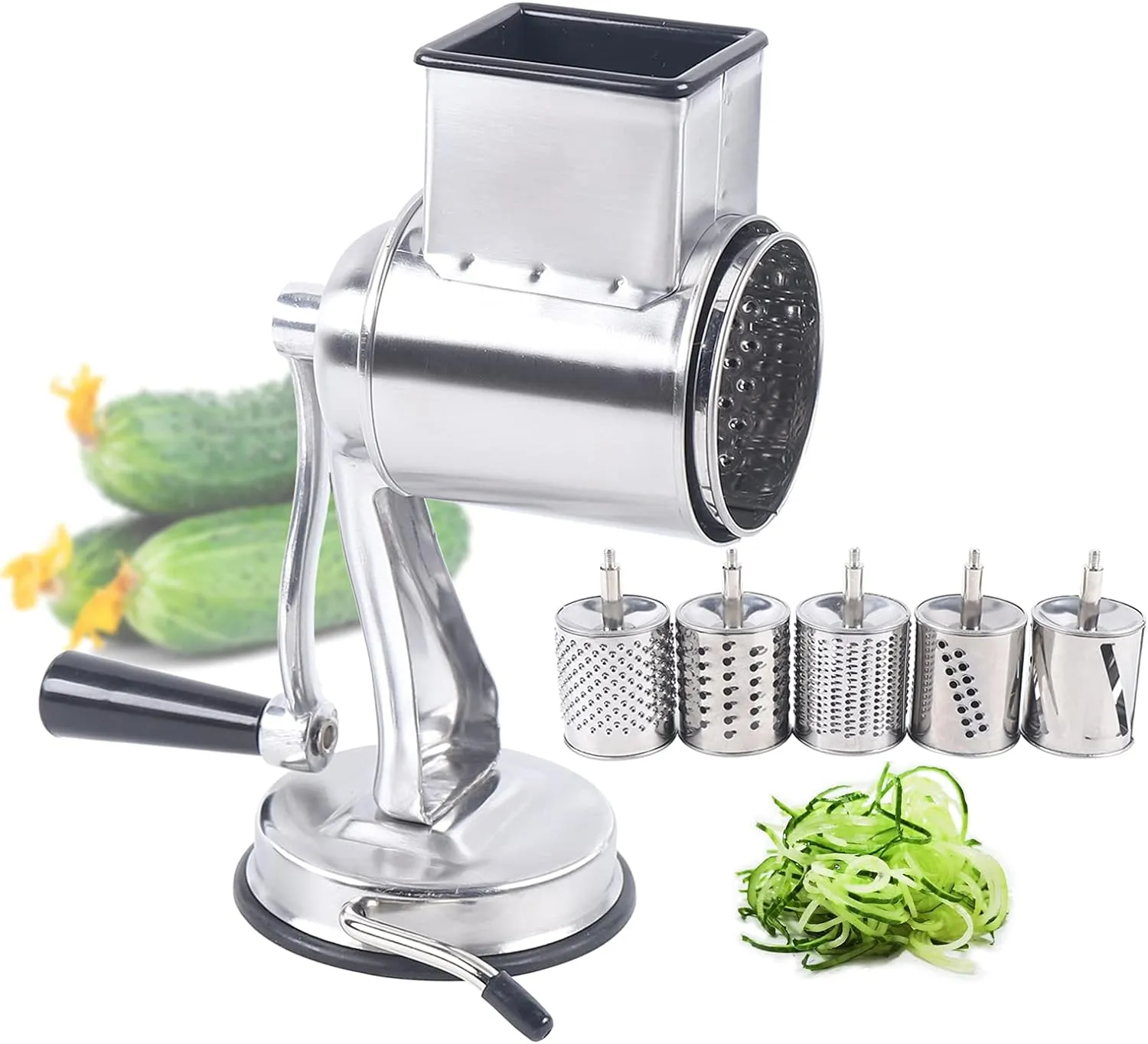 Manual Rotary Vegetable Grater Handheld Slicer w/ 5 Drum-shaped Stainless Steel Blades for Potato, Onion, Cucumber and Carrot Salad Machine Onion Almond Slicer Suitable in Commercial or Family