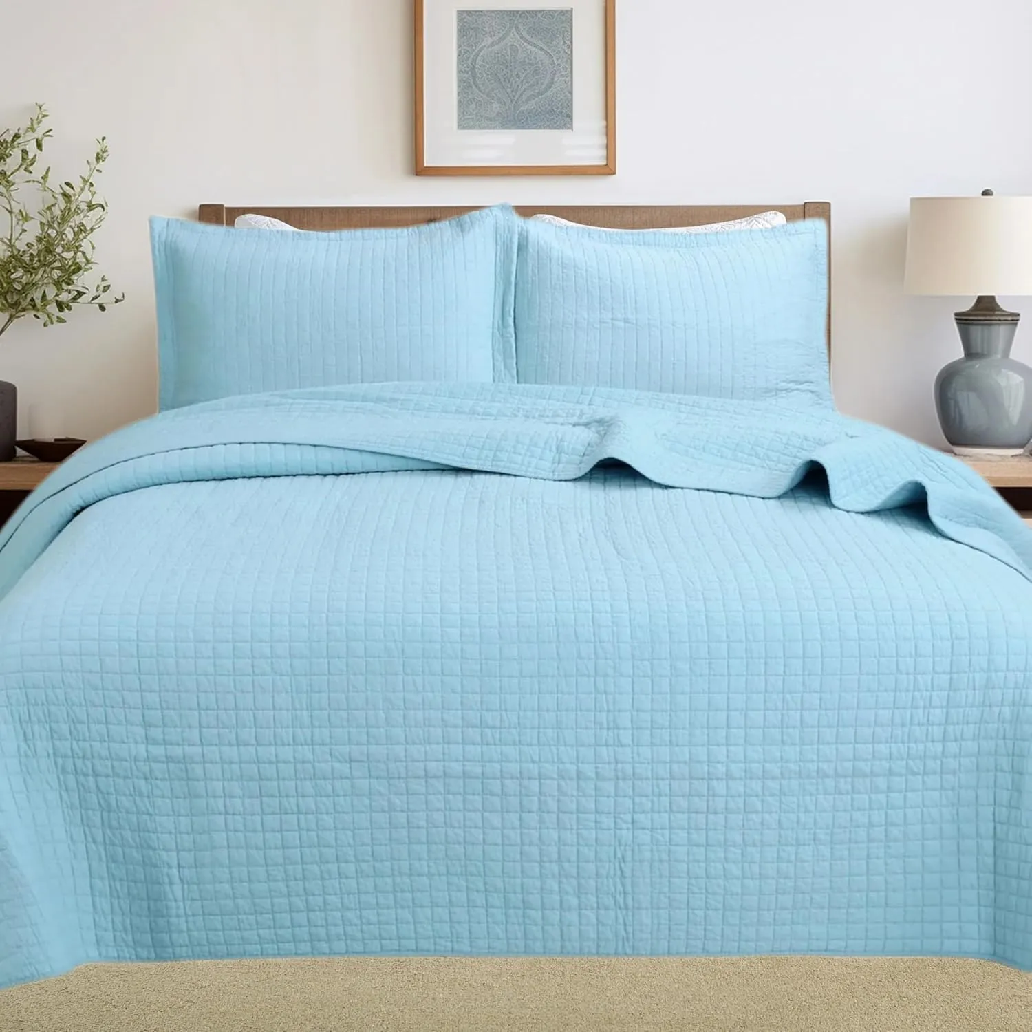MarCielo 3 Piece 100% White Cotton Quilt Set Lightweight Bedspread Bed Coverlets Comforter Set (Light Blue, King)