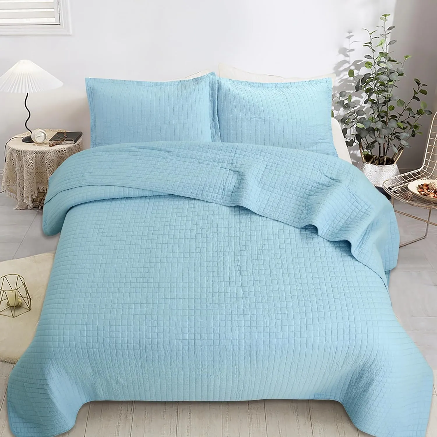 MarCielo 3 Piece 100% White Cotton Quilt Set Lightweight Bedspread Bed Coverlets Comforter Set (Light Blue, King)