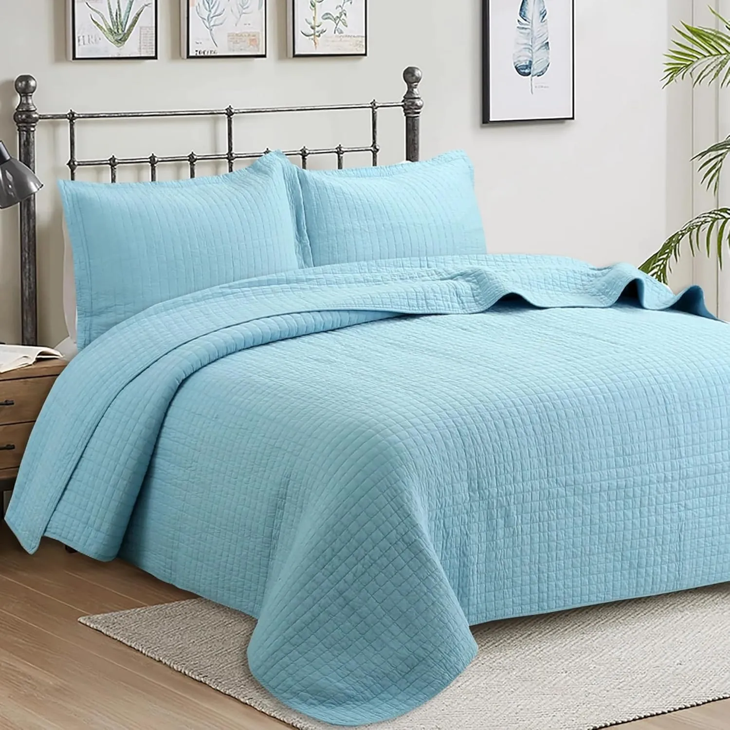 MarCielo 3 Piece 100% White Cotton Quilt Set Lightweight Bedspread Bed Coverlets Comforter Set (Light Blue, King)