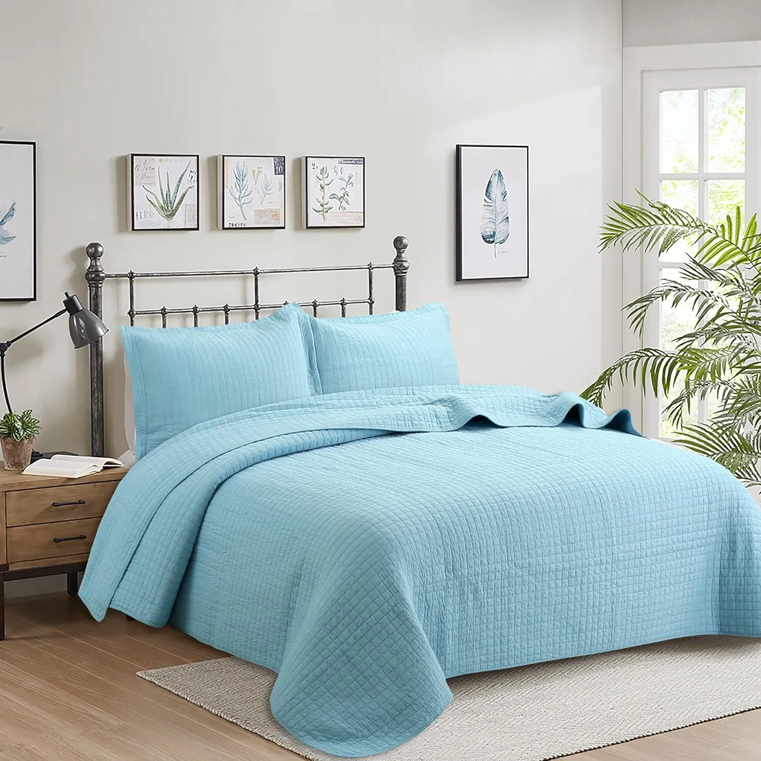 MarCielo 3 Piece 100% White Cotton Quilt Set Lightweight Bedspread Bed Coverlets Comforter Set (Light Blue, King)