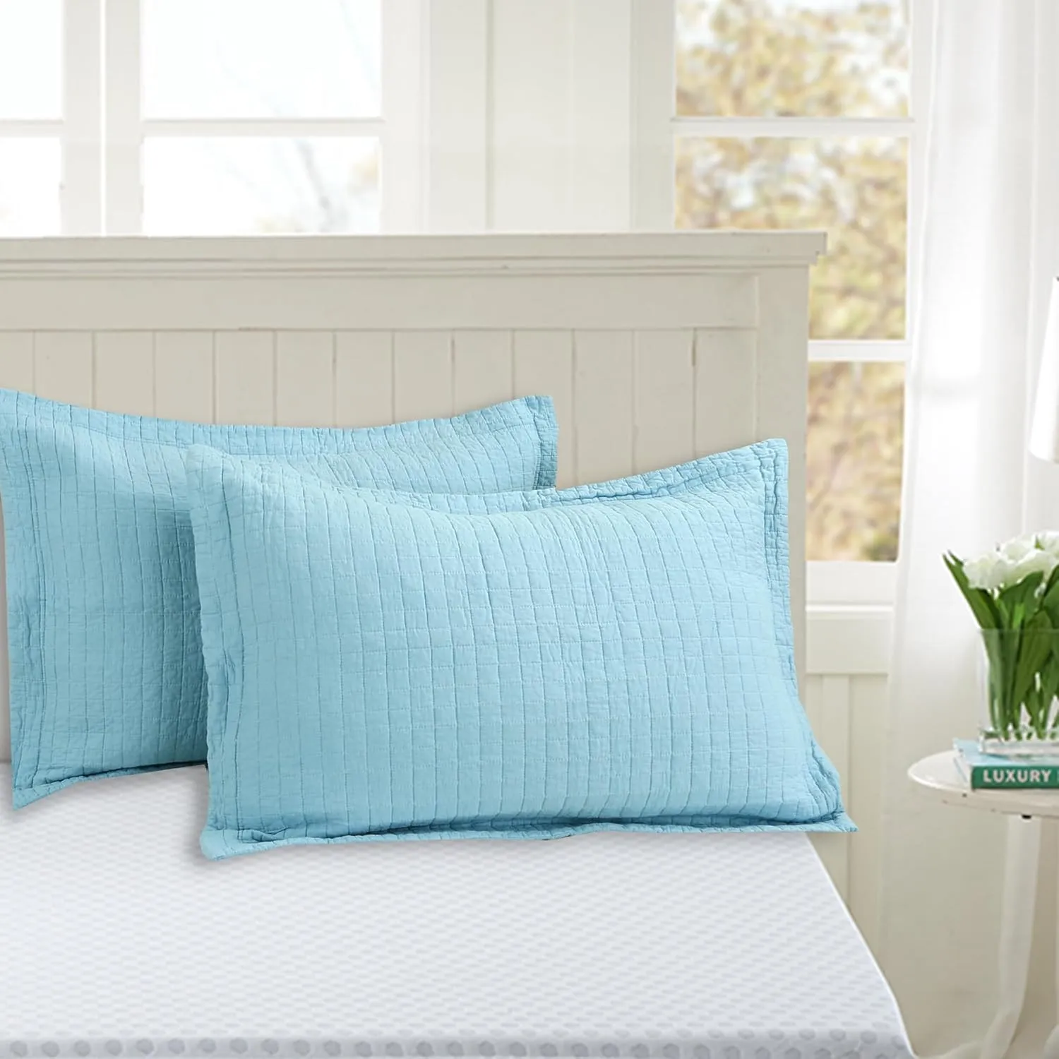 MarCielo 3 Piece 100% White Cotton Quilt Set Lightweight Bedspread Bed Coverlets Comforter Set (Light Blue, King)