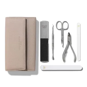 Margaret Dabbs London Manicure and Pedicure Set - Elegant Leather Case with Brushed Stainless Steel Nail Buffer, Cuticle Pusher, Nail Files - 6 pc