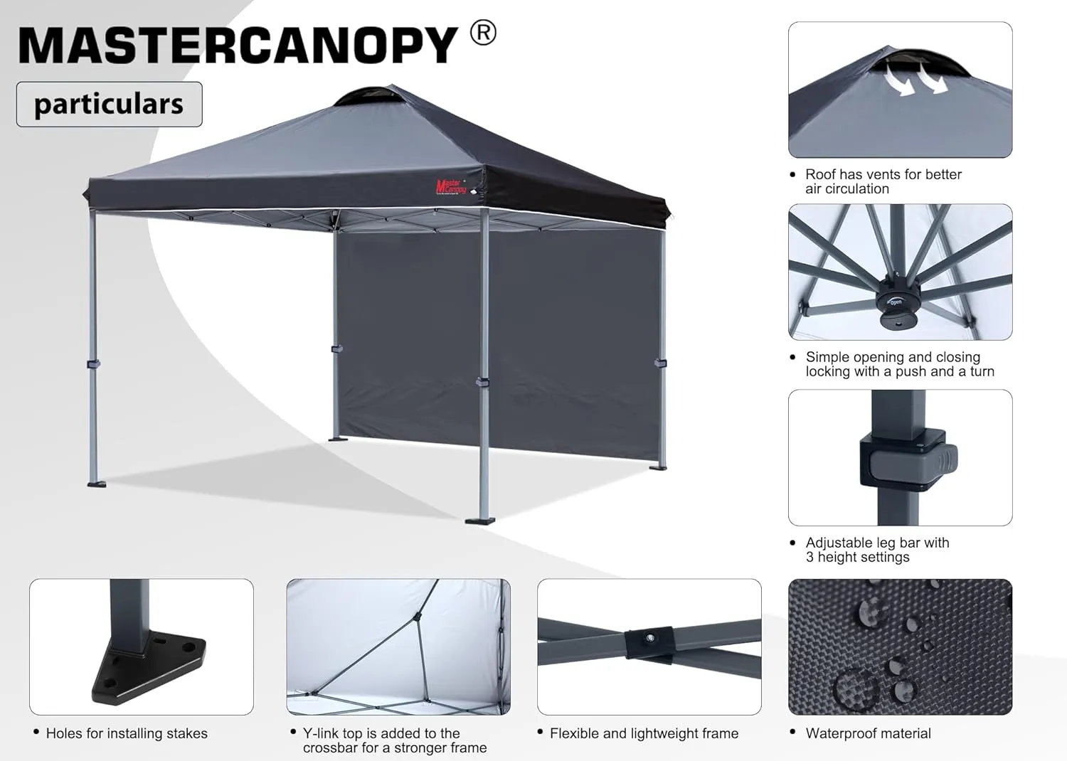 MASTERCANOPY Durable Pop-up Canopy Tent with 1 Sidewall (12x12 ft, Black)