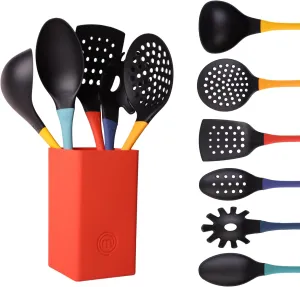 MasterChef Kitchen Utensils Set with Holder, Nylon Cooking Utensils Set of 6, Non Toxic & Non Scratch Tools for Non Stick Cookware incl. Cooking Spoons & Spatulas, Heat Resistant, Color Collection