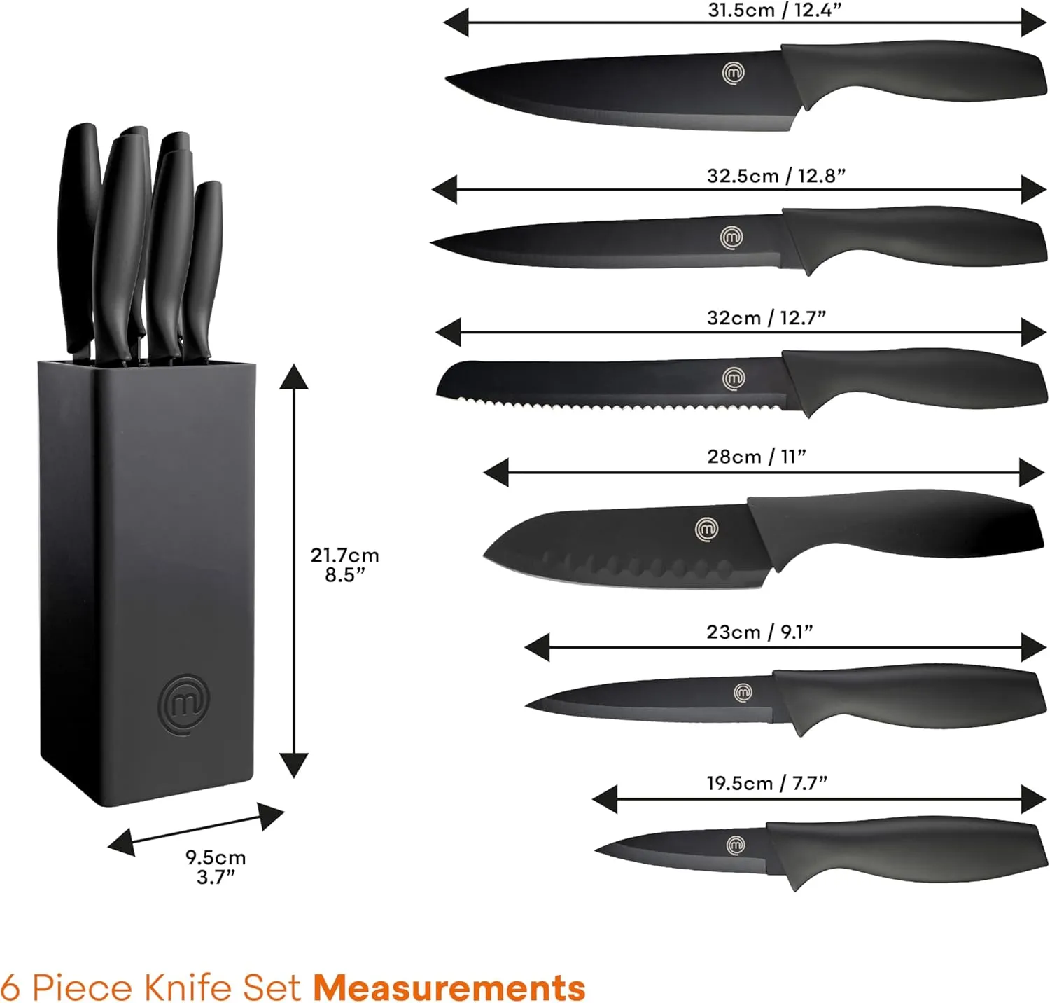 MasterChef Knife Set with Block, 6 Kitchen Knives and a Universal Knife Holder, Extra Sharp Stainless Steel Blades for Precise Cutting with Non Stick Coating & Soft Touch Easy Grip Handles, Black