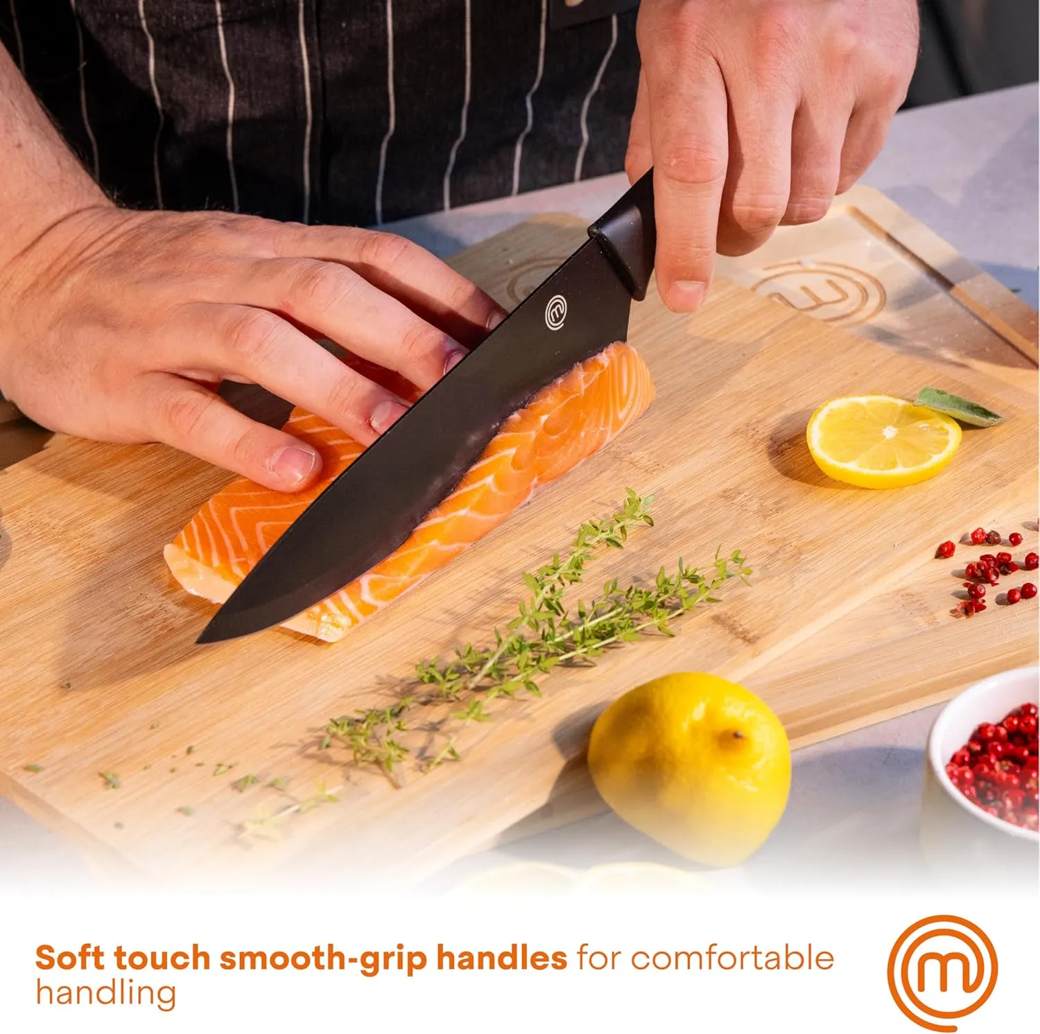 MasterChef Knife Set with Block, 6 Kitchen Knives and a Universal Knife Holder, Extra Sharp Stainless Steel Blades for Precise Cutting with Non Stick Coating & Soft Touch Easy Grip Handles, Black
