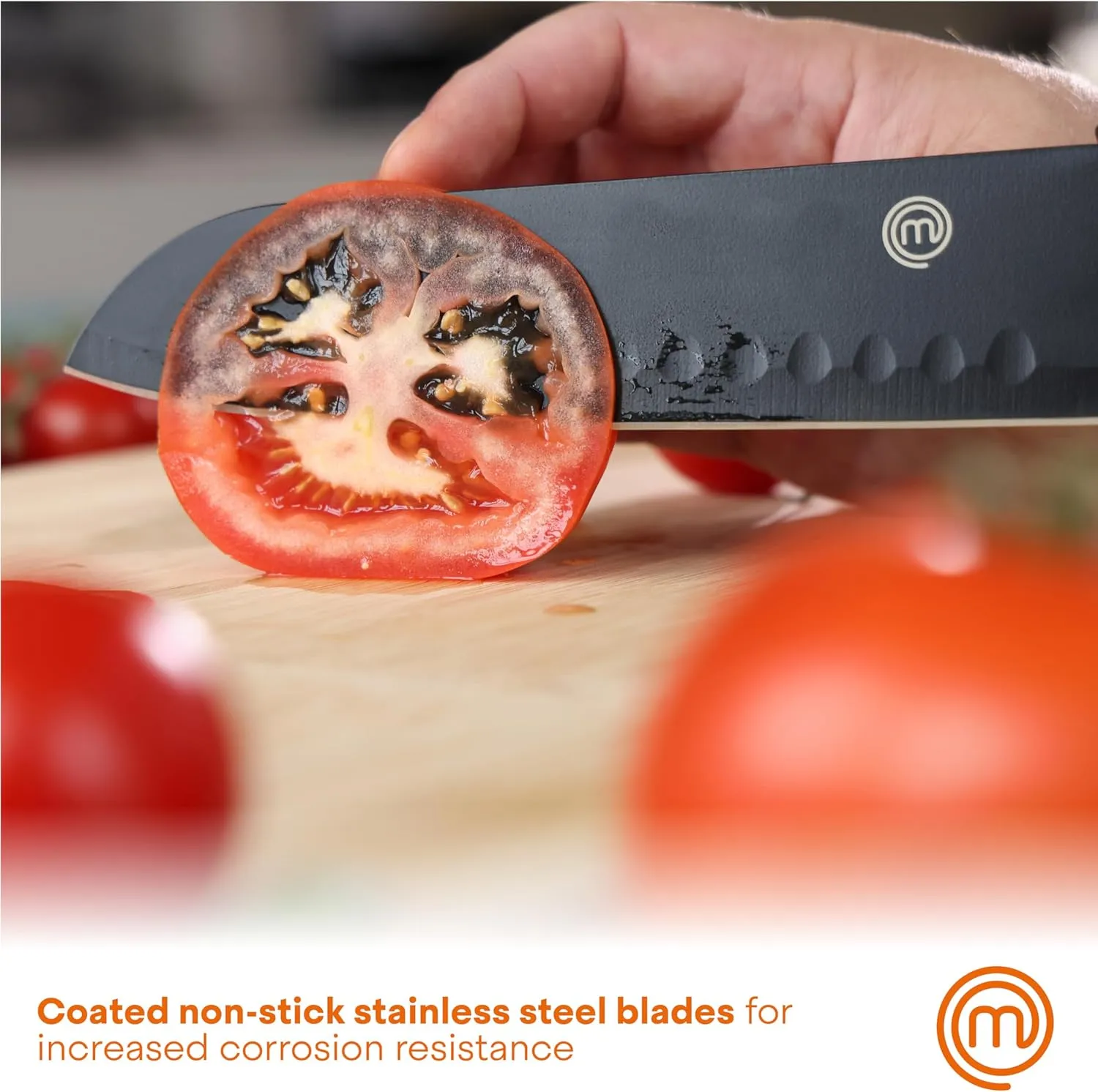 MasterChef Knife Set with Block, 6 Kitchen Knives and a Universal Knife Holder, Extra Sharp Stainless Steel Blades for Precise Cutting with Non Stick Coating & Soft Touch Easy Grip Handles, Black