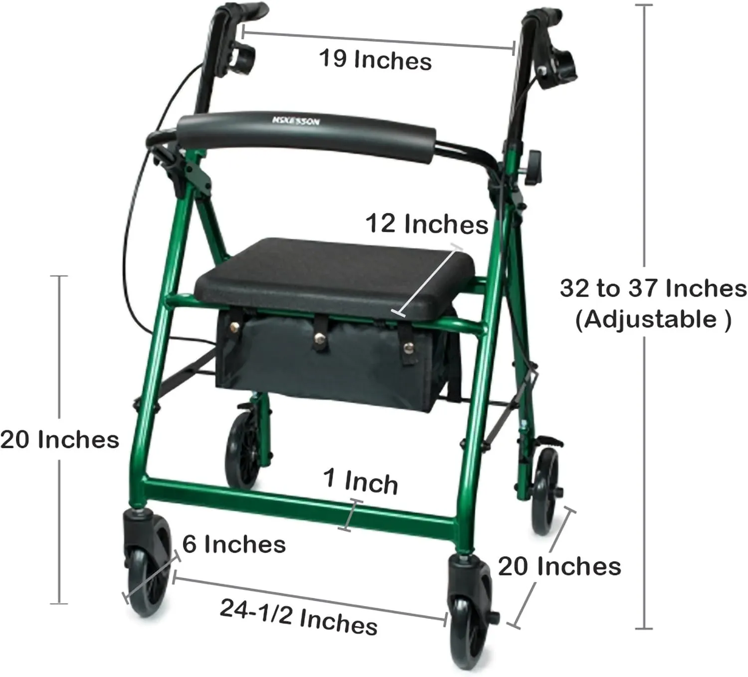 McKesson Rollator Walker with Seat and Wheels, Lightweight, Aluminum, 300 lbs Weight Capacity, Green, 1 Count