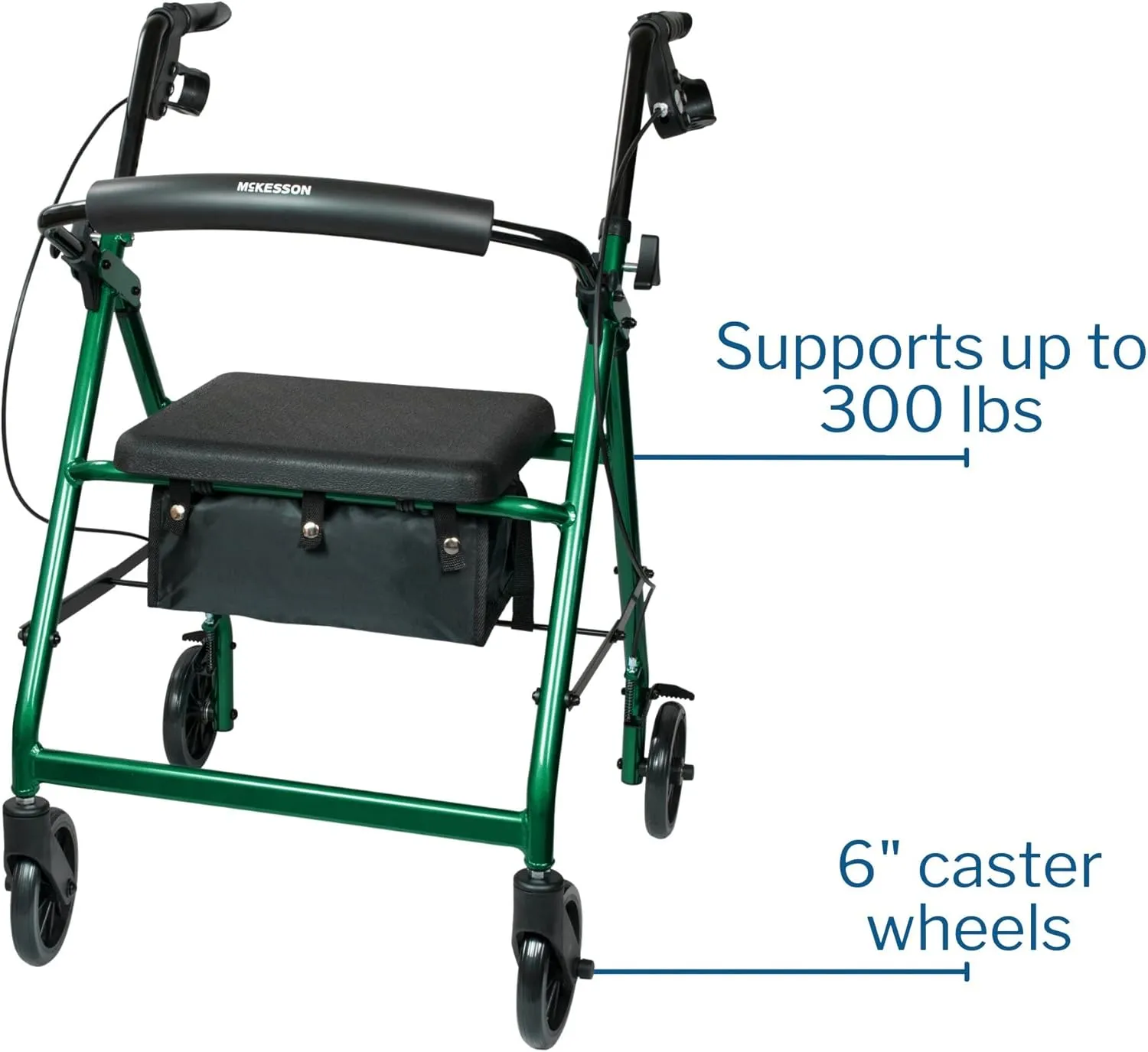 McKesson Rollator Walker with Seat and Wheels, Lightweight, Aluminum, 300 lbs Weight Capacity, Green, 1 Count