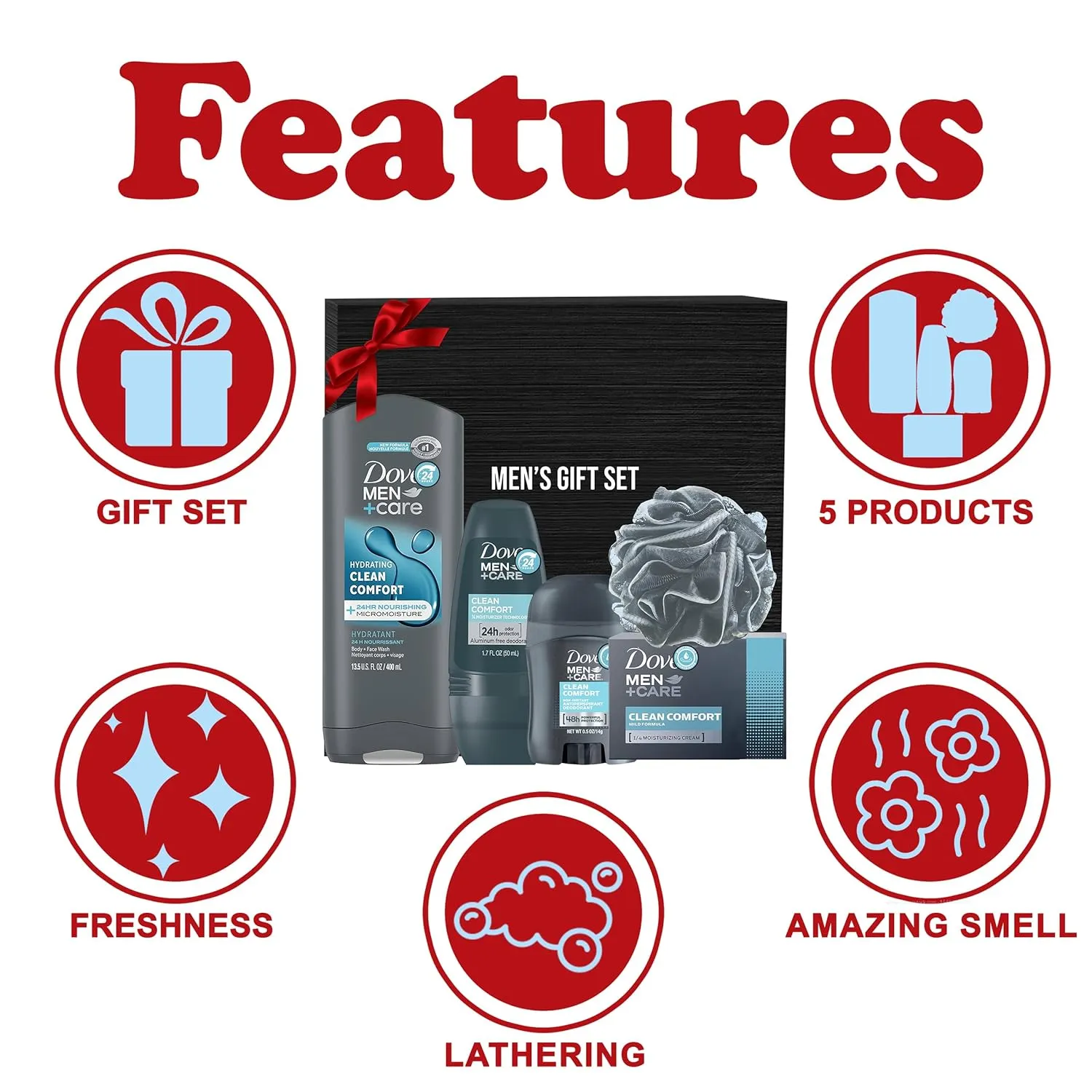 Men Care Father's Day Gift Set, 5 Piece Set, Men Body Wash Clean Comfort, Clean Comfort Deodorant Stick, Clean Comfort Deodorant Roll On, Clean Comfort Bar Soap,Men's Shower Pouf, Gift Box