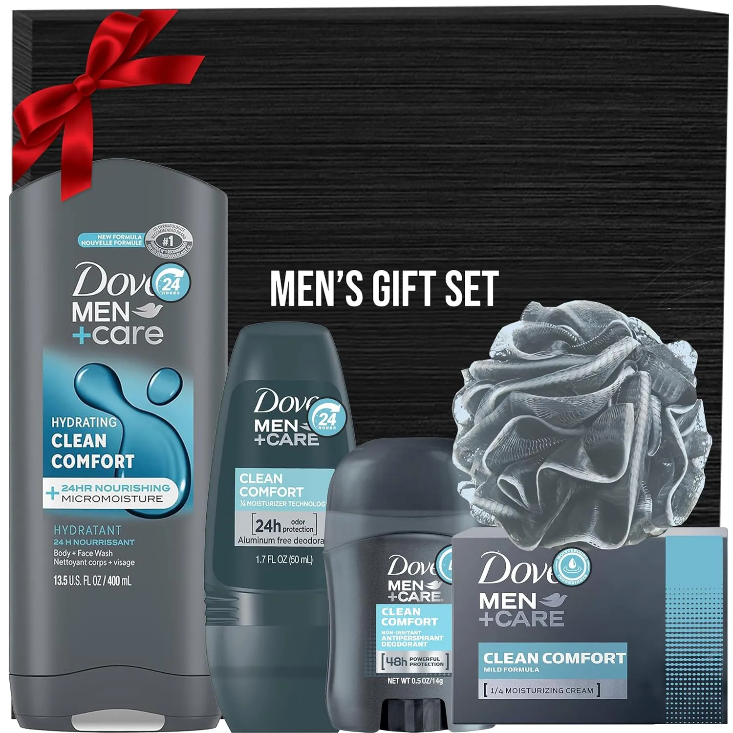 Men Care Father's Day Gift Set, 5 Piece Set, Men Body Wash Clean Comfort, Clean Comfort Deodorant Stick, Clean Comfort Deodorant Roll On, Clean Comfort Bar Soap,Men's Shower Pouf, Gift Box
