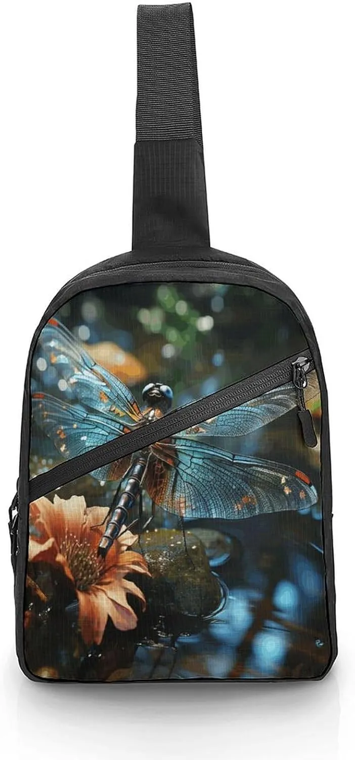 Men Women Foldable Sling Bags,Dragonfly Flying on The Pond Print Crossbody Chest Bag,Shoulder Chest Backpack for Cycling Walking Hiking
