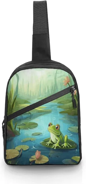 Men Women Foldable Sling Bags,Frog in A Pond Print Crossbody Chest Bag,Shoulder Chest Backpack for Cycling Walking Hiking