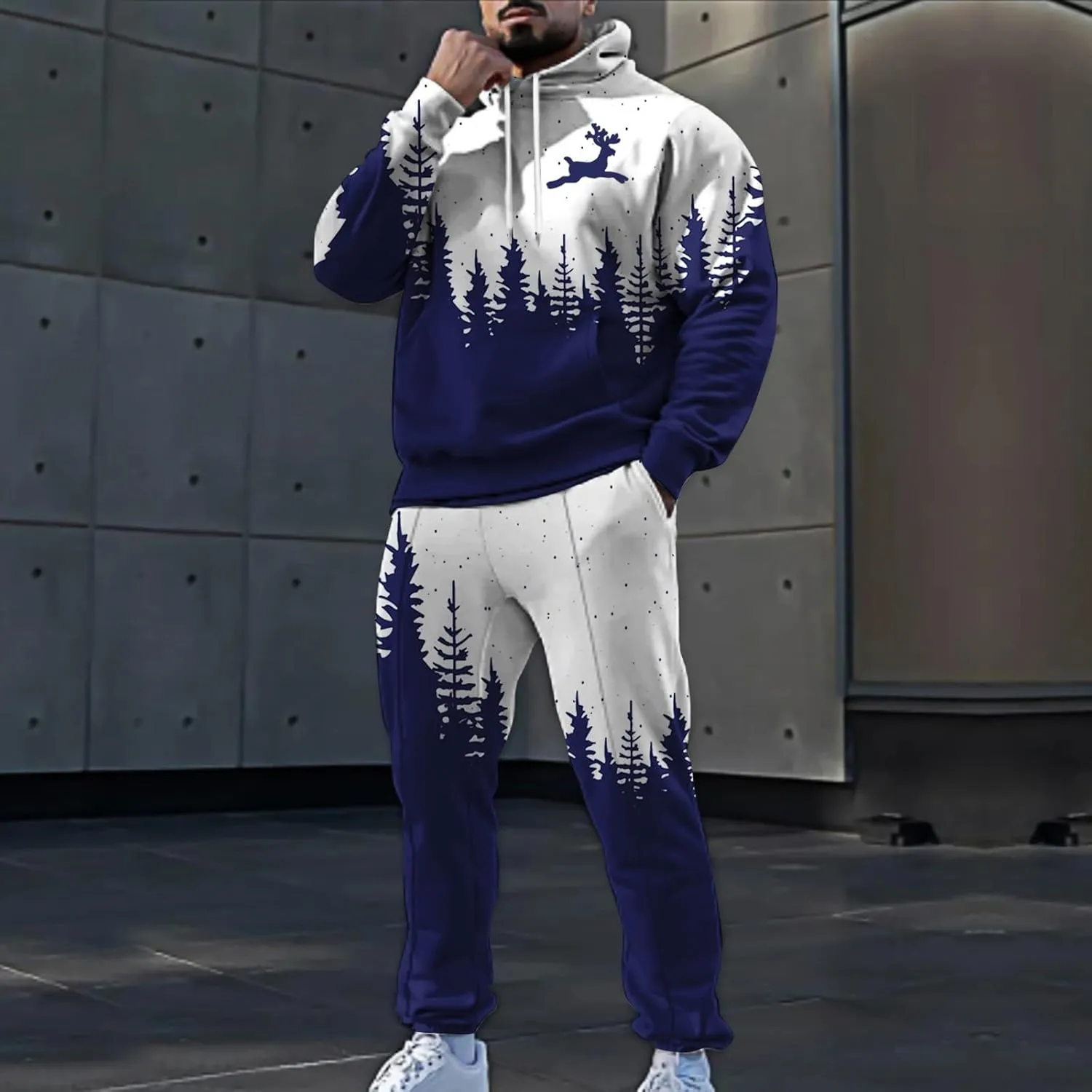 Men's Athletic Hoodie Tracksuit Funny Christmas Tracksuit 2 Piece Funny Reindeer Santa Casual Athletic Jogging Suits