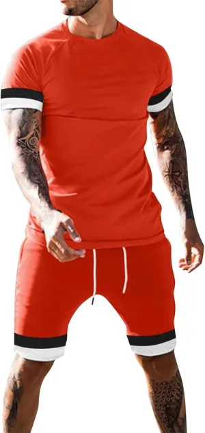Mens Short Sets 2 Piece Outfits Casual Summer Athletic Workout Tracksuits Short Sleeve Crewneck Muscle Shirts and Shorts Set
