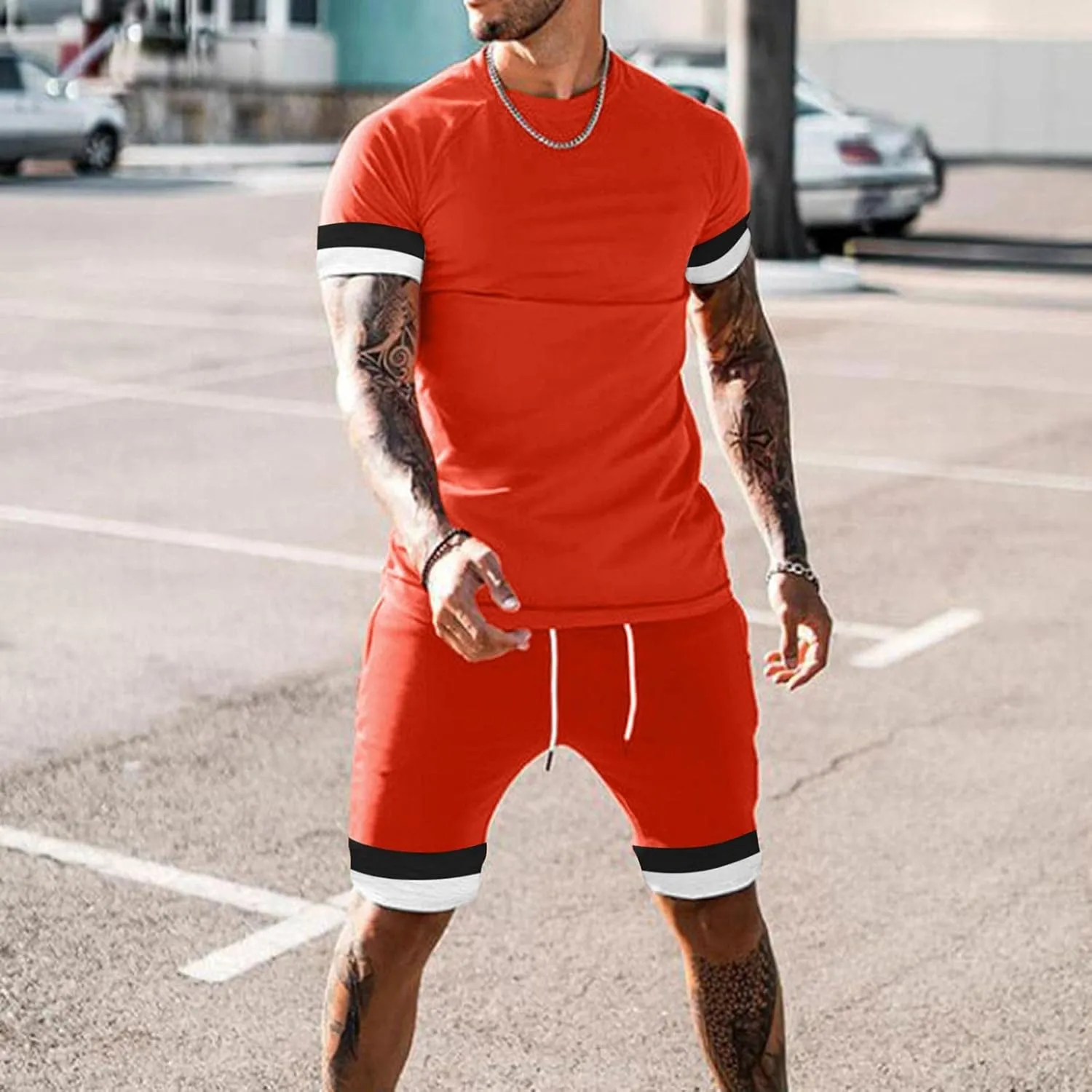 Mens Short Sets 2 Piece Outfits Casual Summer Athletic Workout Tracksuits Short Sleeve Crewneck Muscle Shirts and Shorts Set