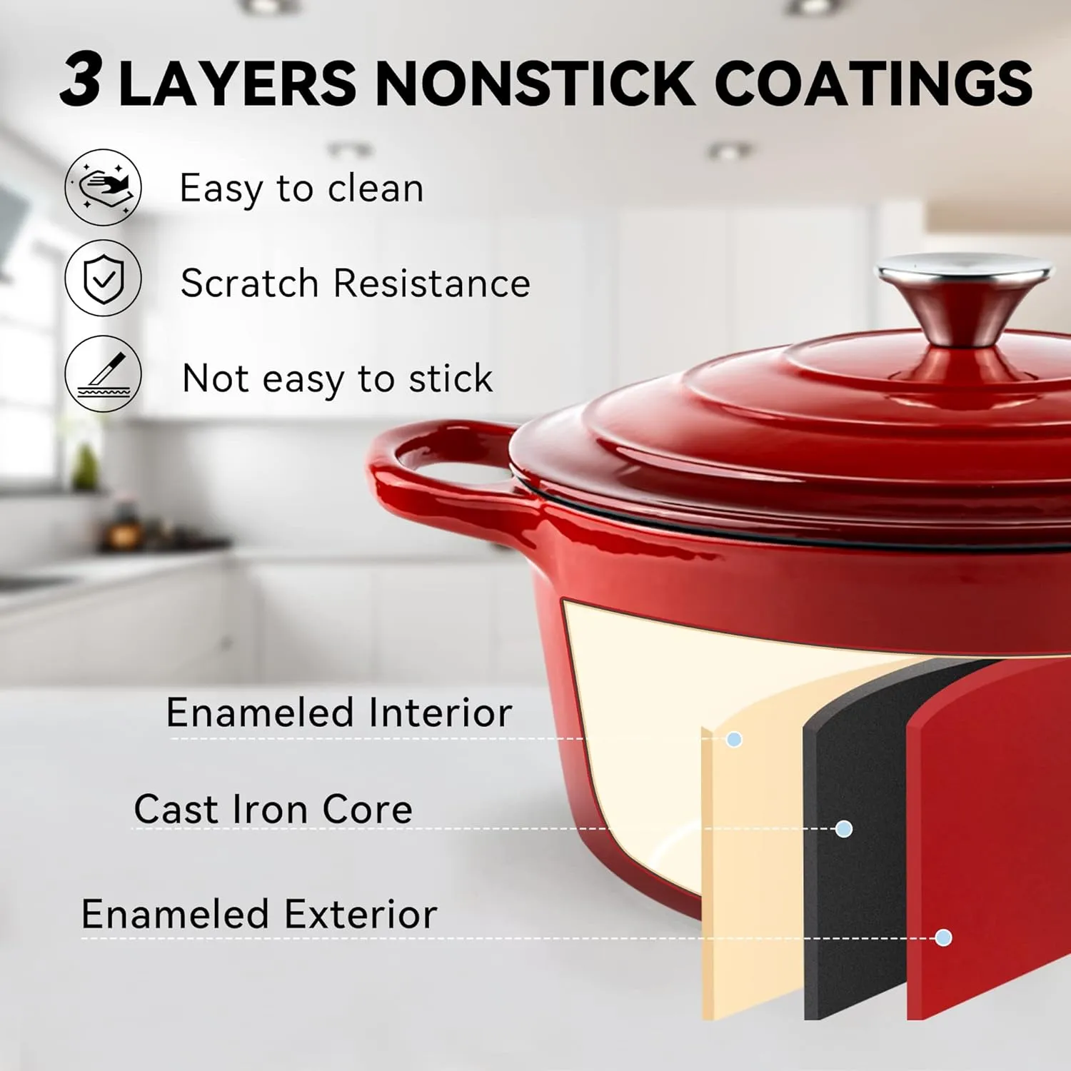 Miereirl 6 Quart Enameled Dutch Oven Pot with Lid, Cast Iron Dutch Oven with Dual Handles for Bread Baking, Cooking, Non-stick Enamel Coated Cookware (Red)