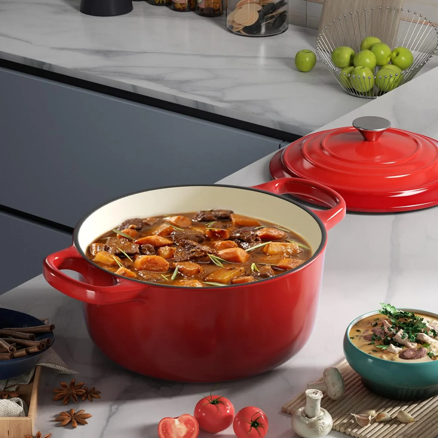 Miereirl 6 Quart Enameled Dutch Oven Pot with Lid, Cast Iron Dutch Oven with Dual Handles for Bread Baking, Cooking, Non-stick Enamel Coated Cookware (Red)