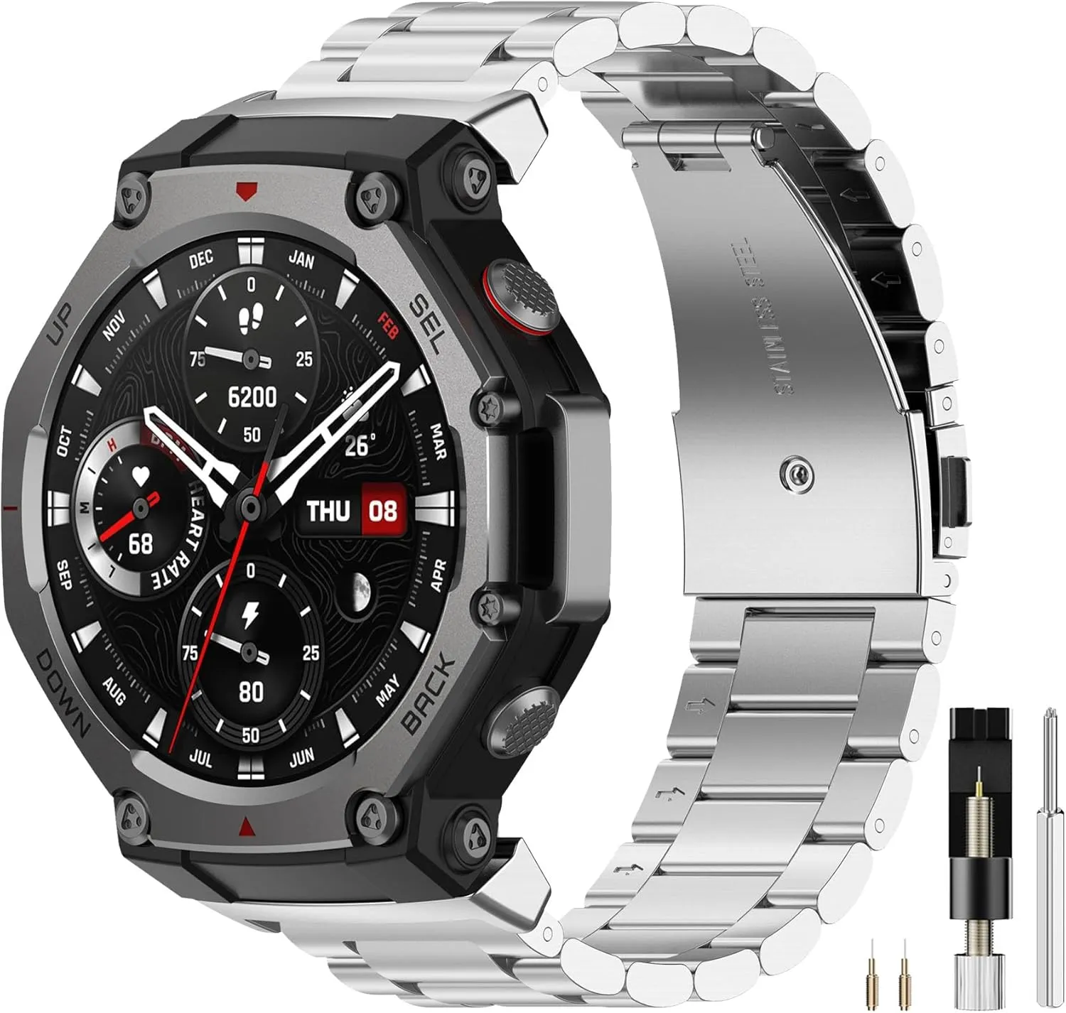 Miimall Band for Amazfit T-Rex 3 Metal Strap, Waterproof, Quick Release, 22mm Men Classy Replacement Bracelet, Adjustable Wristband Stainless Steel Band for Amazfit T-Rex 3(Sliver)