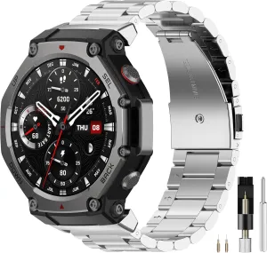 Miimall Band for Amazfit T-Rex 3 Metal Strap, Waterproof, Quick Release, 22mm Men Classy Replacement Bracelet, Adjustable Wristband Stainless Steel Band for Amazfit T-Rex 3(Sliver)