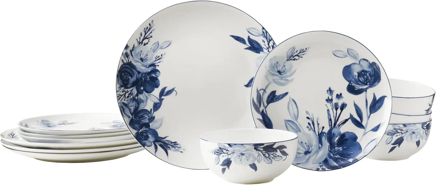 Mikasa Darcy Bone China Lightweight Chip Resistant 12 Piece Dinnerware Set, Service for 4,Blue and White