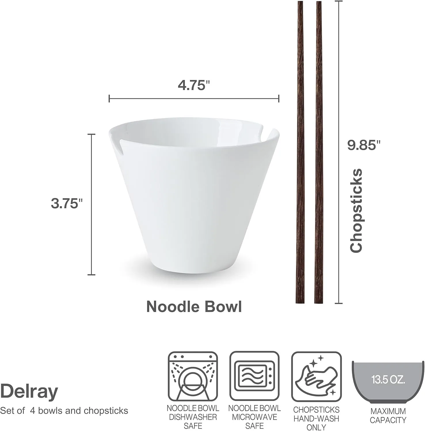 Mikasa Delray Bone China Lightweight Chip Resistant Noodle Ramen Bowl with Chopsticks, White, Set of 4, 4.75-Inch