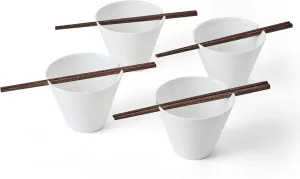 Mikasa Delray Bone China Lightweight Chip Resistant Noodle Ramen Bowl with Chopsticks, White, Set of 4, 4.75-Inch
