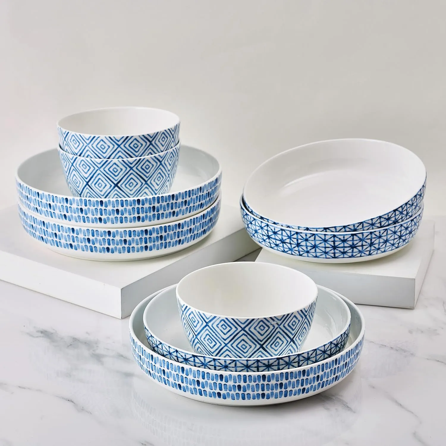 Mikasa Dillon Bone China Lightweight Chip Resistant 9 Piece Dinnerware Bowl Set, Service for 3, Blue