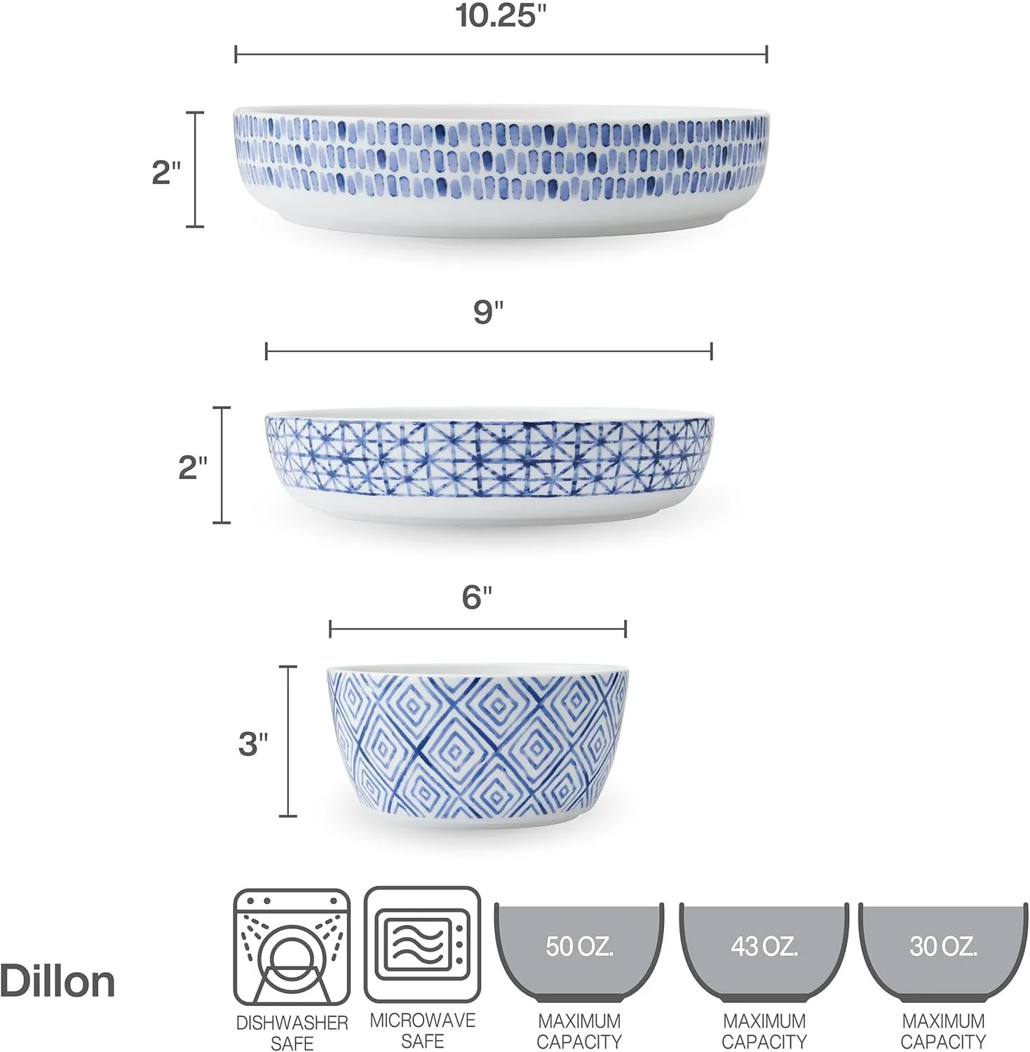 Mikasa Dillon Bone China Lightweight Chip Resistant 9 Piece Dinnerware Bowl Set, Service for 3, Blue
