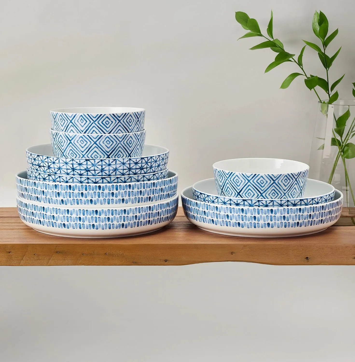Mikasa Dillon Bone China Lightweight Chip Resistant 9 Piece Dinnerware Bowl Set, Service for 3, Blue