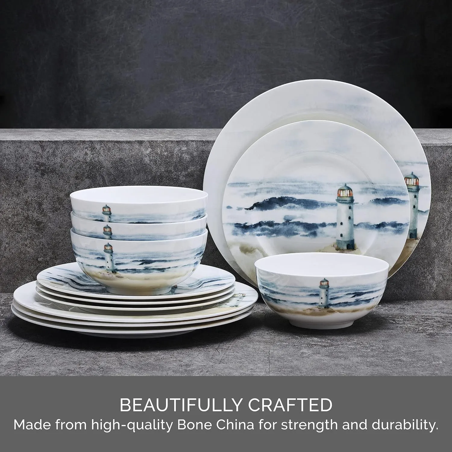 Mikasa Seaside Coastal Bone China Lightweight Chip Resistant 12 Piece Dinnerware Set, Service for 4