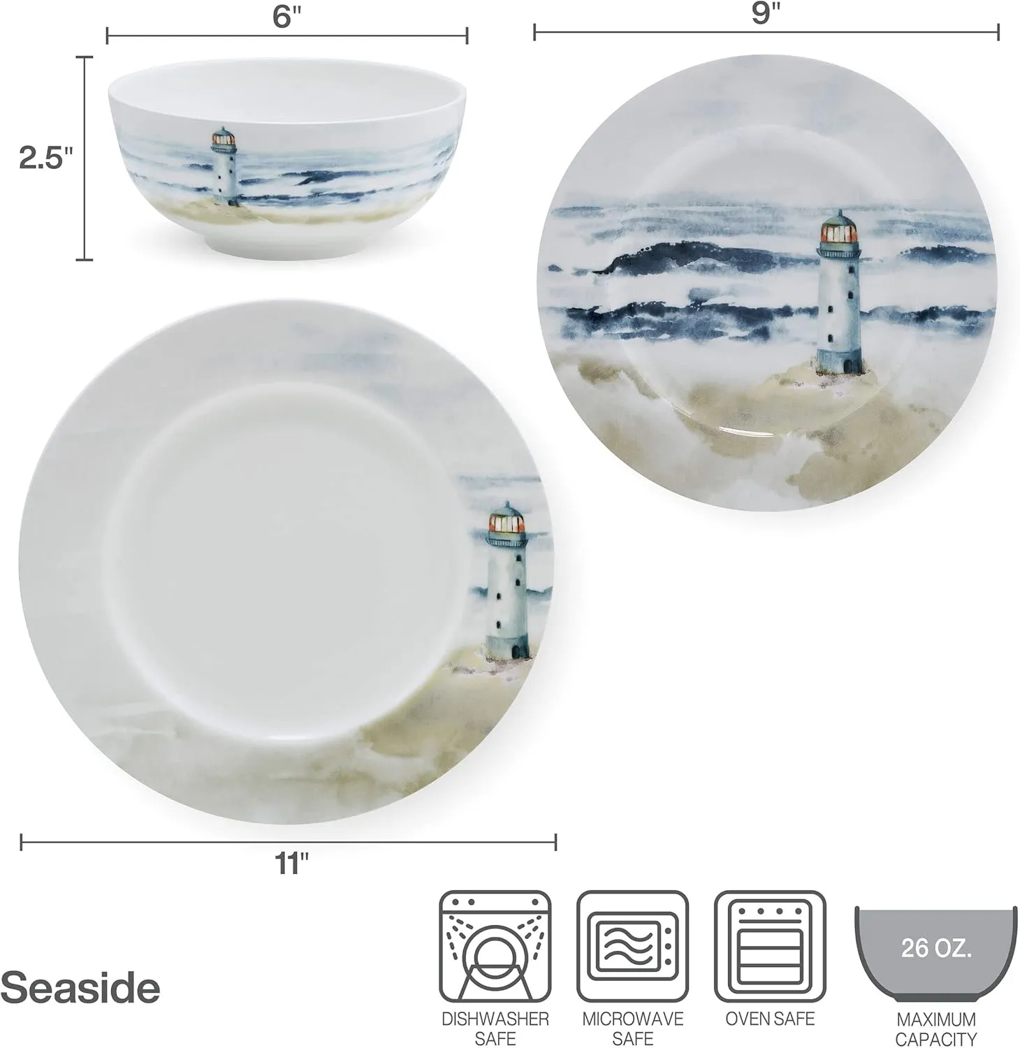 Mikasa Seaside Coastal Bone China Lightweight Chip Resistant 12 Piece Dinnerware Set, Service for 4