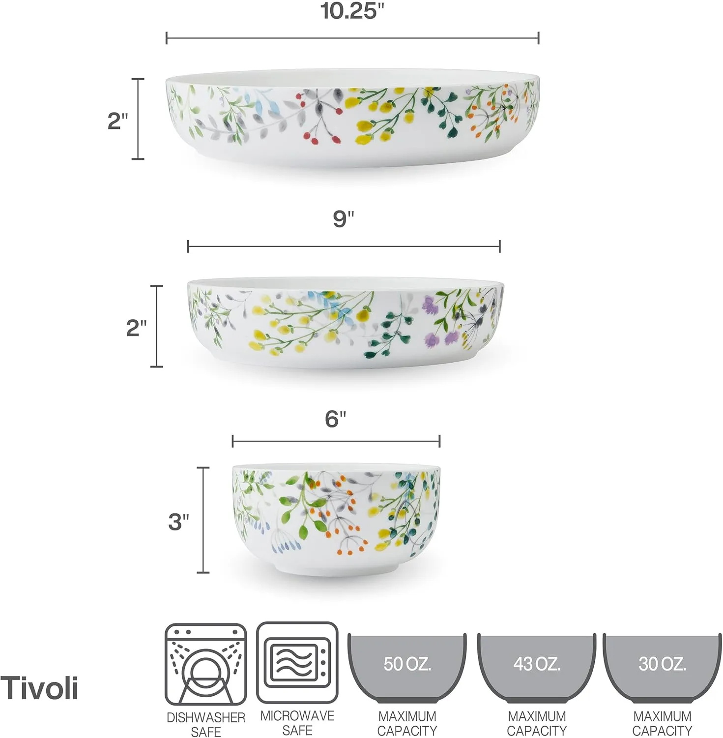 Mikasa Tivoli Garden Bone China Lightweight Chip Resistant 9 Piece Dinnerware Bowl Set, Service for 3