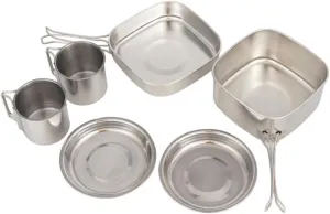 Mikikit Portable Camping Cookware Set 6pc Stainless Steel Pot Pan Cooking Gear Kit Folding Handle for Hiking Outdoor Kitchen