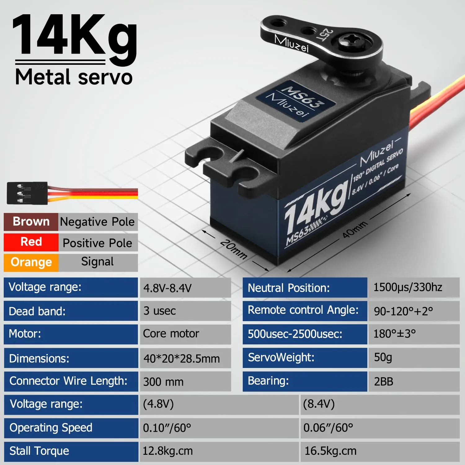 Miuzei RC Digital Servo 14kg Low Profile Servo Motor Metal Gear High Torque for 1/10 1/12 RC Drift Car, Road Racing, Helicopter Model (2)