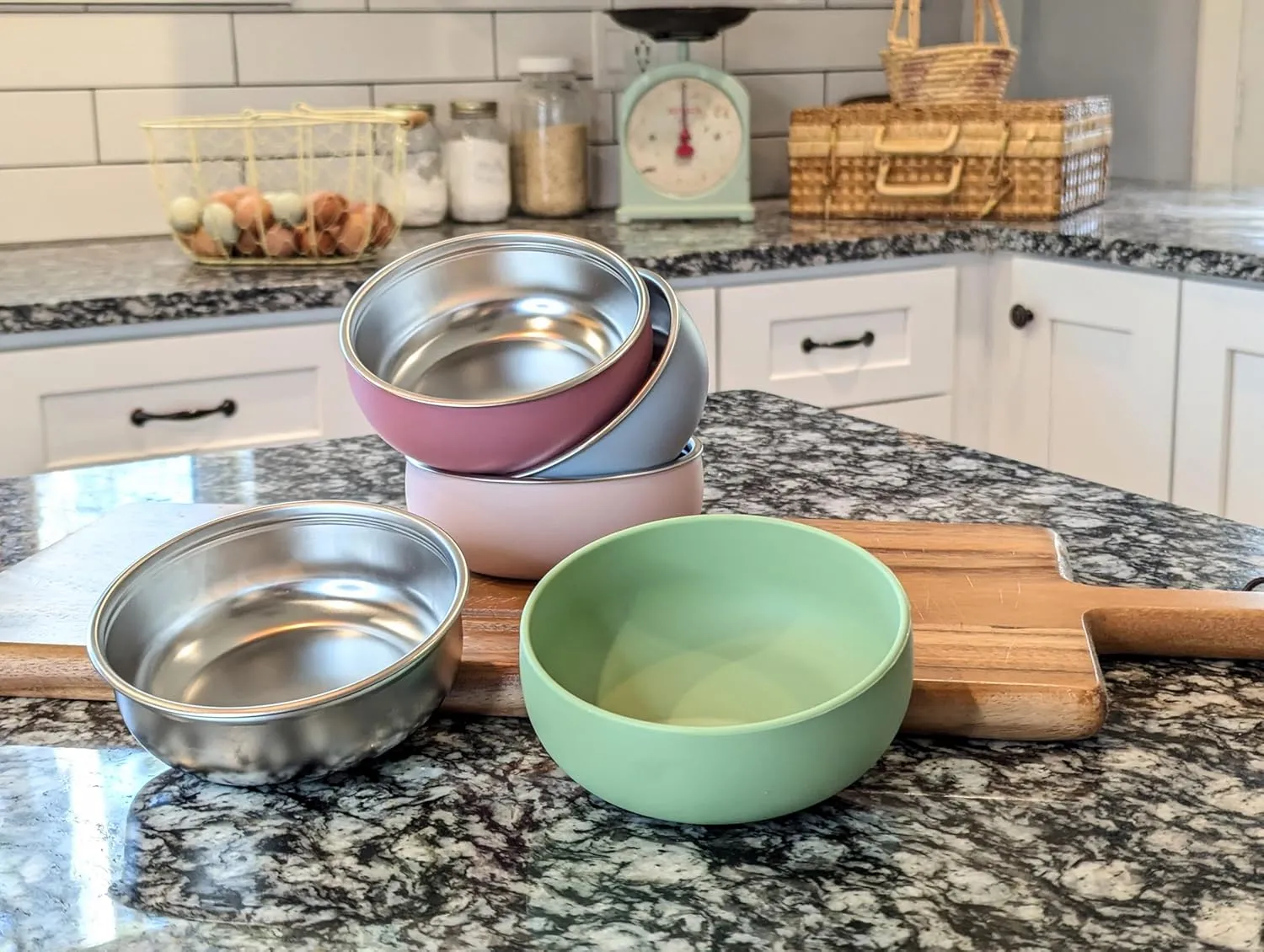 Monkey Proof™ Non-Toxic Stainless Steel Child Bowl 5” with Non-Slip Silicone Shell, Multi-color, (Set of 4 bowls) Unbreakable, Mess Free Feeding for Babies, Toddlers, Kids, BPA free