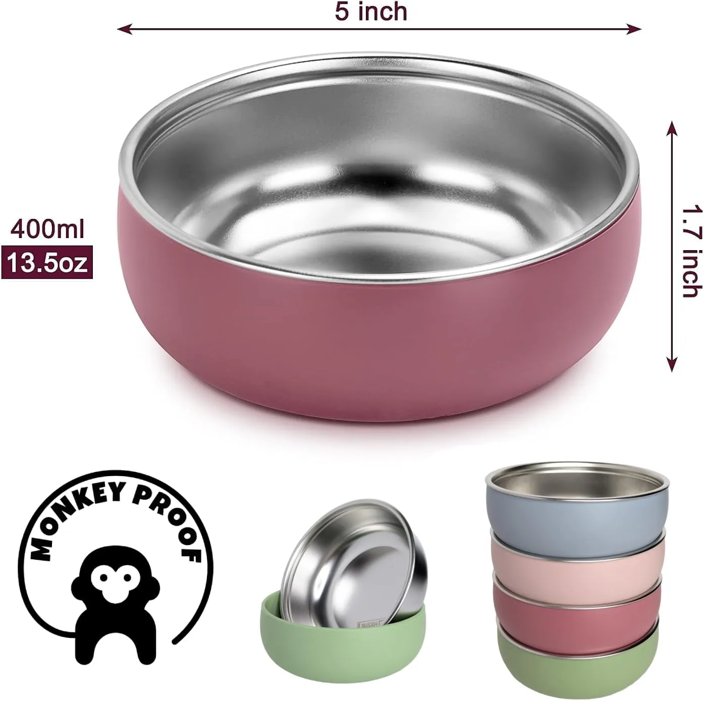 Monkey Proof™ Non-Toxic Stainless Steel Child Bowl 5” with Non-Slip Silicone Shell, Multi-color, (Set of 4 bowls) Unbreakable, Mess Free Feeding for Babies, Toddlers, Kids, BPA free