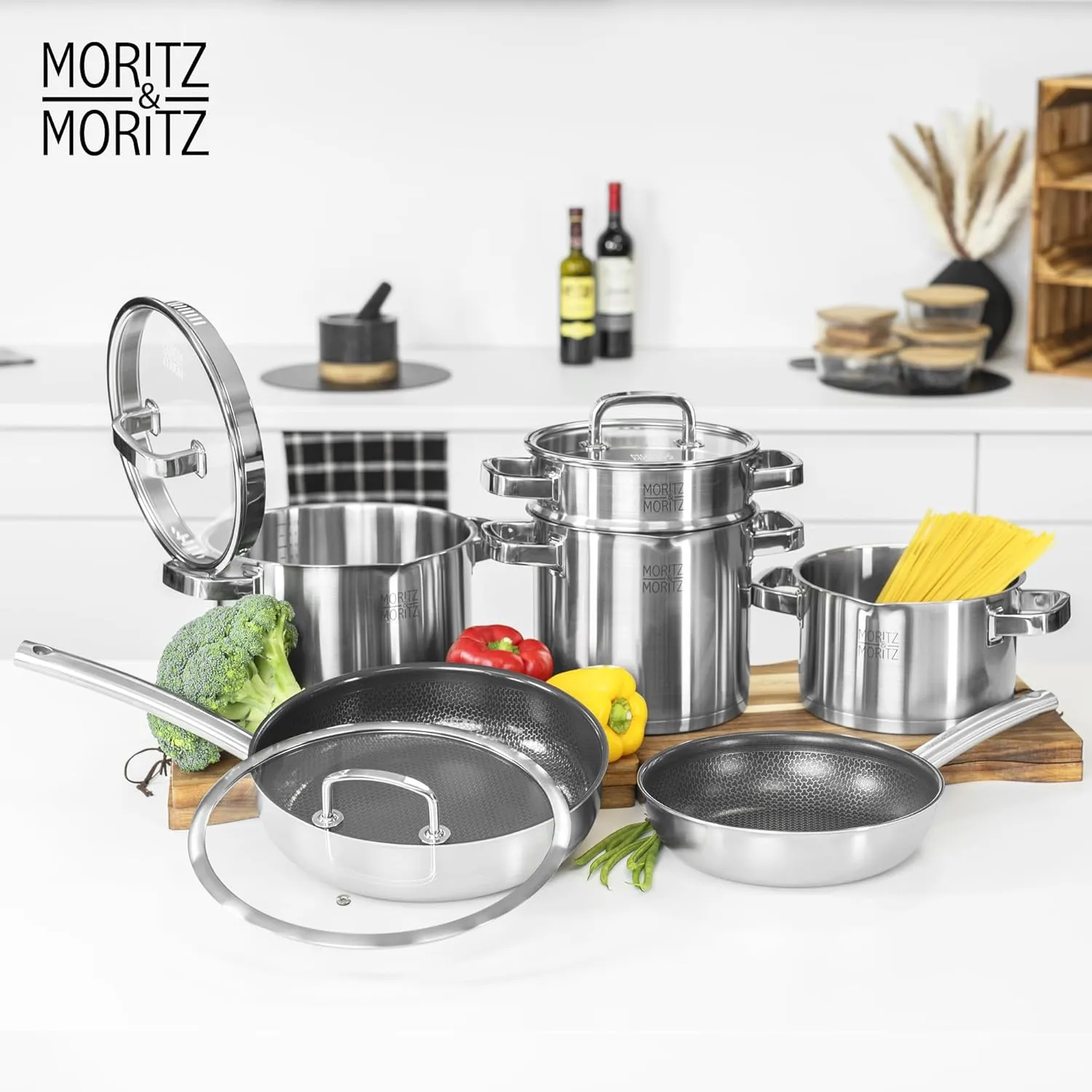 Moritz & Moritz 9.5-Inch Induction Frying Pan, Stainless Steel Nonstick Skillet with Ceramic Honeycomb Coating, Compatible with Gas, Electric & Induction Cooktops, Dishwasher Safe