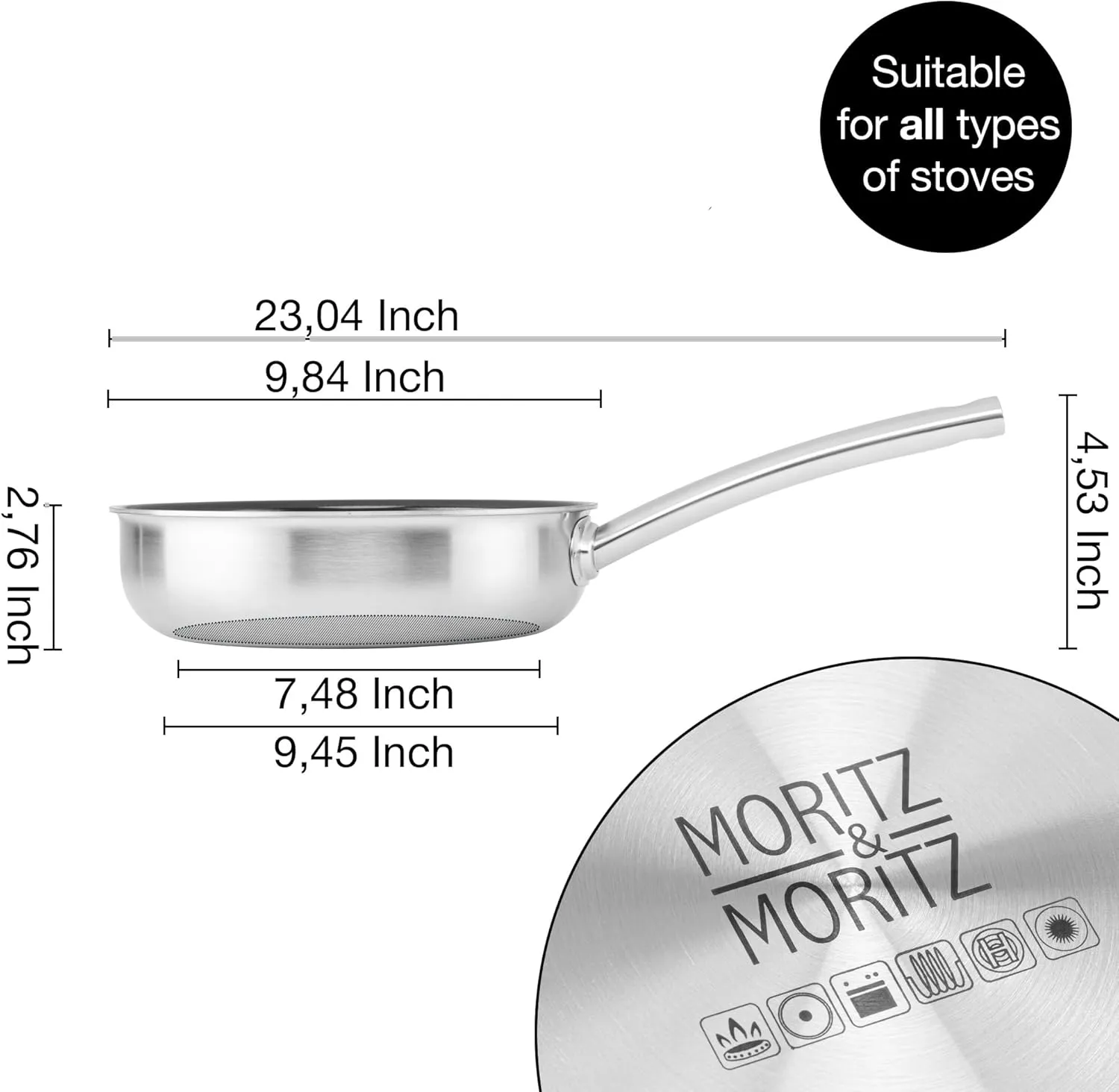 Moritz & Moritz 9.5-Inch Induction Frying Pan, Stainless Steel Nonstick Skillet with Ceramic Honeycomb Coating, Compatible with Gas, Electric & Induction Cooktops, Dishwasher Safe