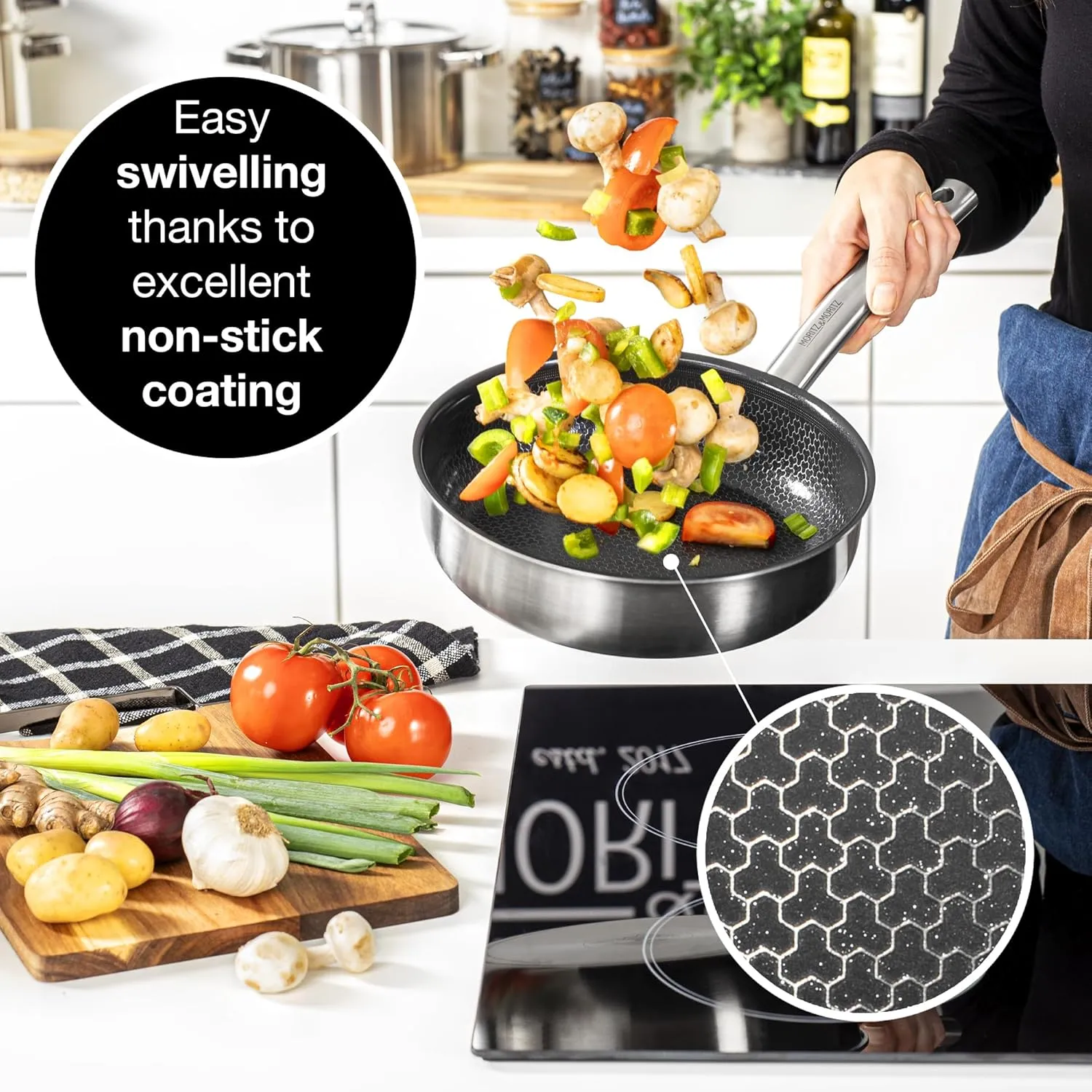 Moritz & Moritz 9.5-Inch Induction Frying Pan, Stainless Steel Nonstick Skillet with Ceramic Honeycomb Coating, Compatible with Gas, Electric & Induction Cooktops, Dishwasher Safe