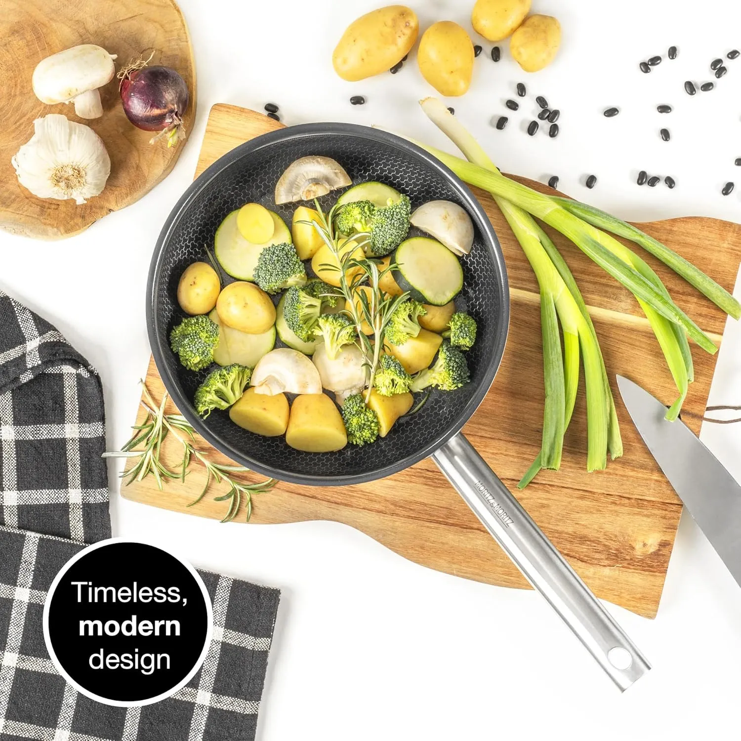 Moritz & Moritz 9.5-Inch Induction Frying Pan, Stainless Steel Nonstick Skillet with Ceramic Honeycomb Coating, Compatible with Gas, Electric & Induction Cooktops, Dishwasher Safe