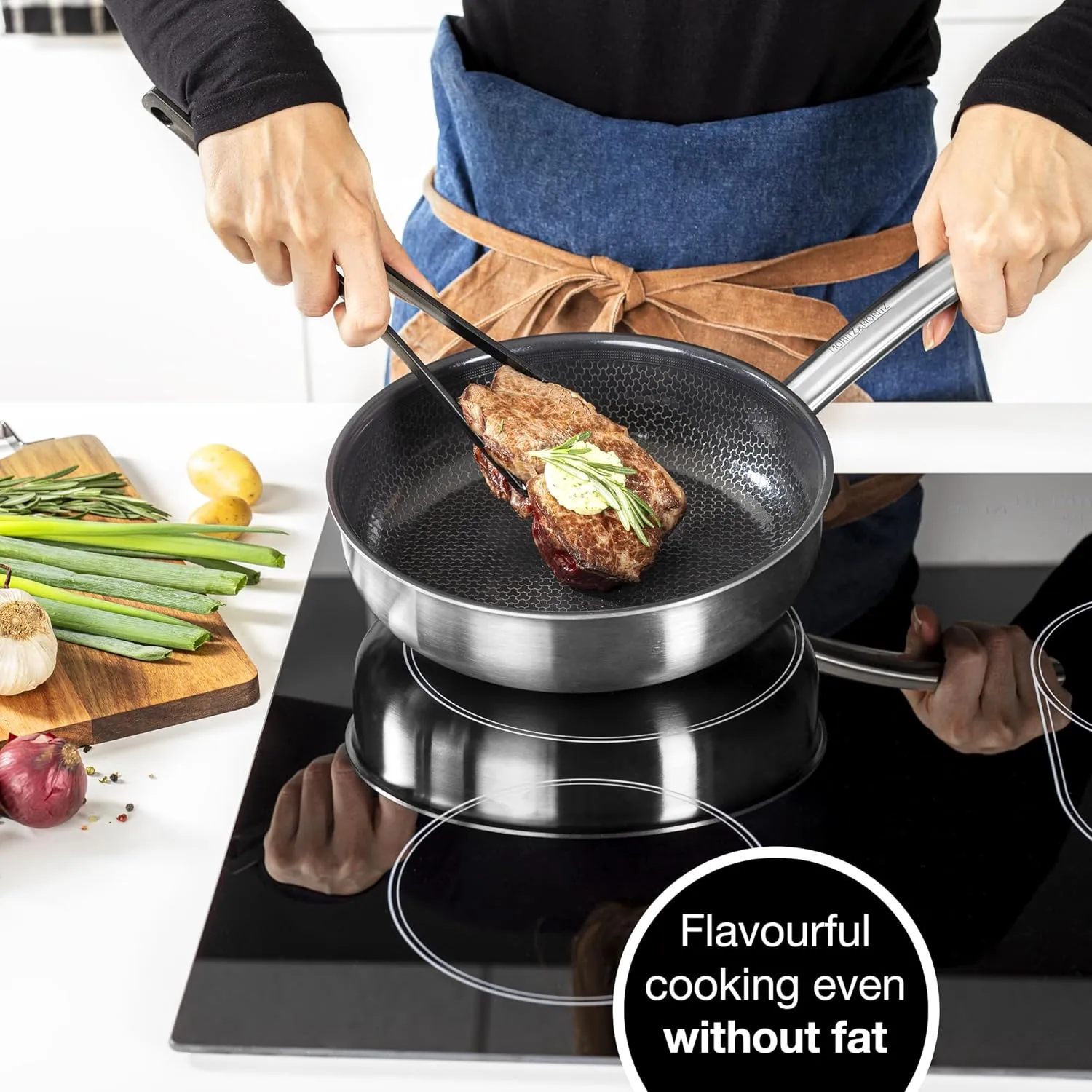 Moritz & Moritz 9.5-Inch Induction Frying Pan, Stainless Steel Nonstick Skillet with Ceramic Honeycomb Coating, Compatible with Gas, Electric & Induction Cooktops, Dishwasher Safe