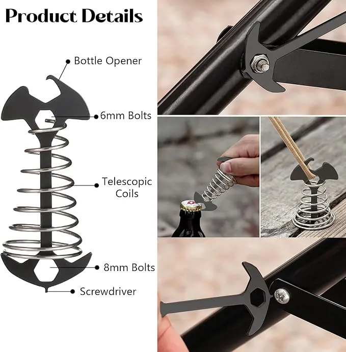 Morobor Black Deck Anchor Pegs, 8 PCS Multifunctional Windproof Aluminium Alloy Fish Bone Tent Stakes with Spring Buckle Portable Wind Rope Anchor Bottle Opener Nut Drill Screwdriver for Outdoor