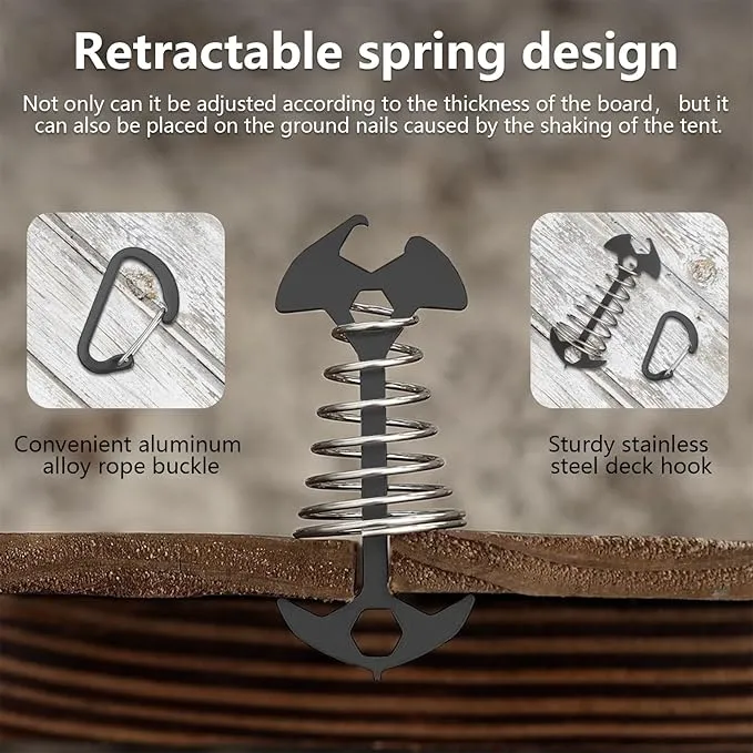 Morobor Black Deck Anchor Pegs, 8 PCS Multifunctional Windproof Aluminium Alloy Fish Bone Tent Stakes with Spring Buckle Portable Wind Rope Anchor Bottle Opener Nut Drill Screwdriver for Outdoor