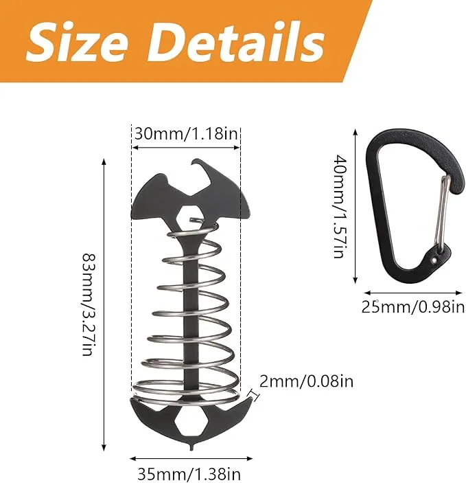 Morobor Black Deck Anchor Pegs, 8 PCS Multifunctional Windproof Aluminium Alloy Fish Bone Tent Stakes with Spring Buckle Portable Wind Rope Anchor Bottle Opener Nut Drill Screwdriver for Outdoor