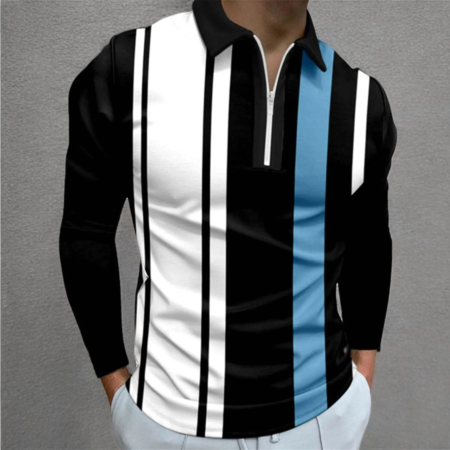 MorwenVeo Men's Fashion Polo Shirts Casual Long Sleeve Golf Shirts Color Block Cotton Tops