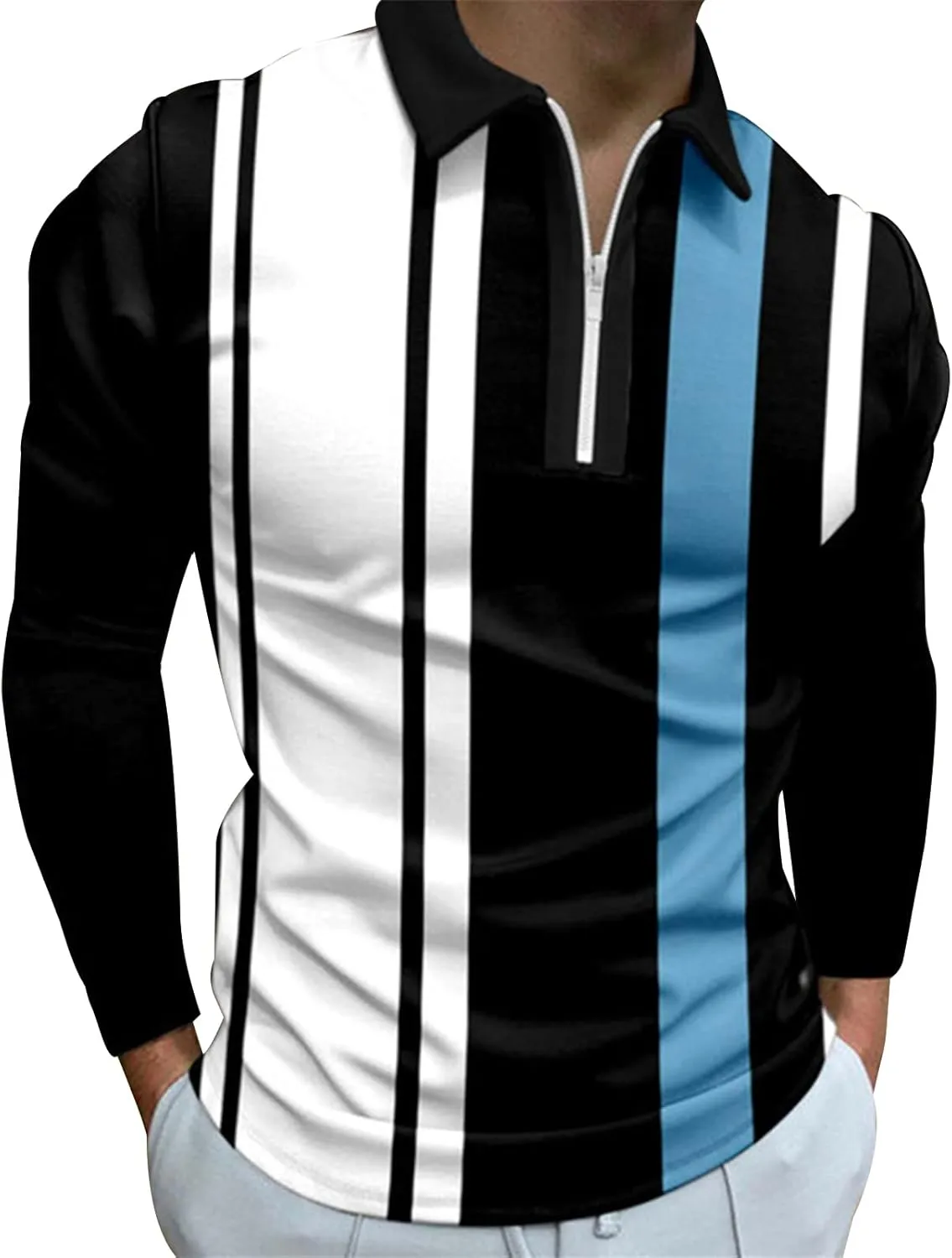 MorwenVeo Men's Fashion Polo Shirts Casual Long Sleeve Golf Shirts Color Block Cotton Tops
